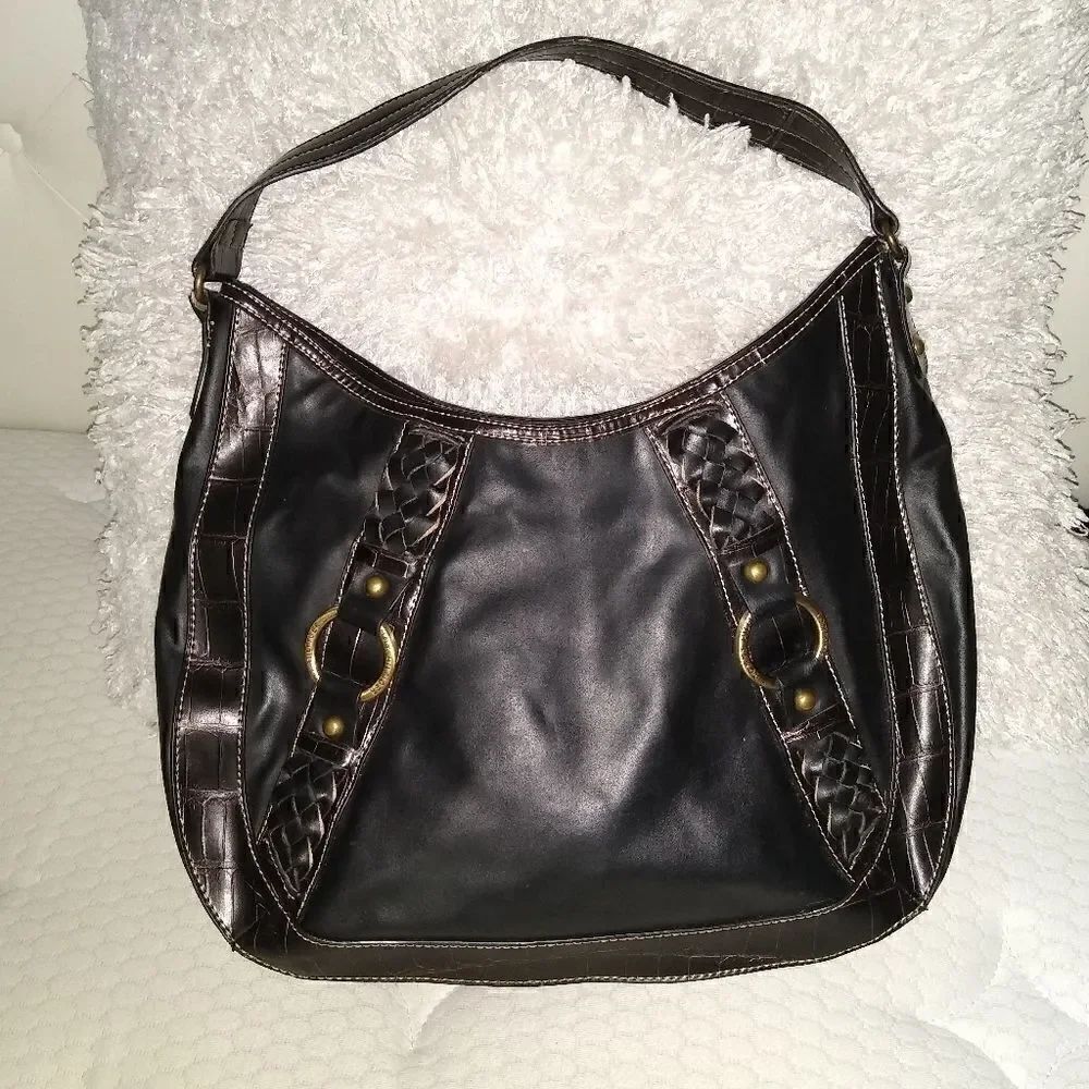 Tommy Hilfiger black leather sachel purse brass hardwear
